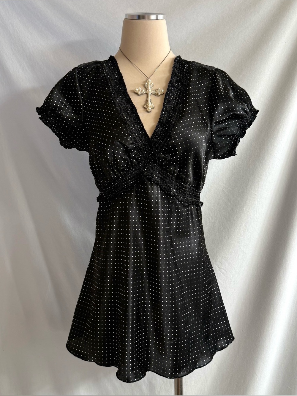 Y2K Black Satin Polka Dot Babydoll Top